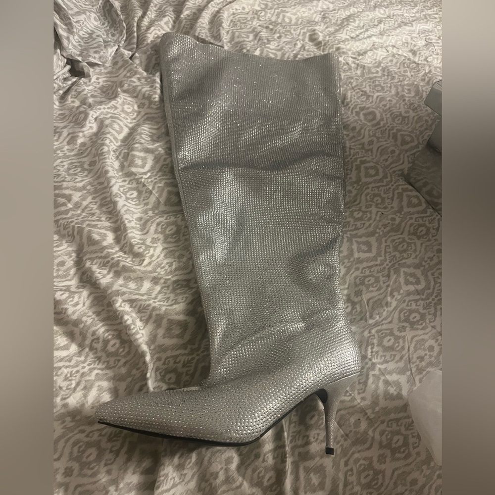 AKIRA Glittering Silver Over the Knee Boots